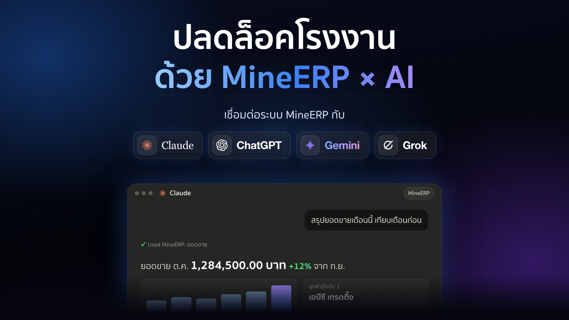 ให้ AI ช่วยทำงานในโรงงานของคุณ กับ MineERP × ChatGPT, Claude, Gemini, Grok